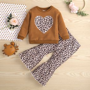 2-piece Toddler Girl Heart Leopard Print Textured Pullover and Flared Pants Set