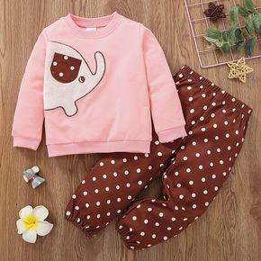 2-piece Toddler Girl Animal Elephant Print Sweatshirt and Polka dots Pants Set