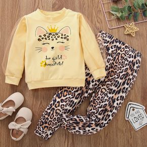 2-piece Toddler Girl Letter Cat Print Pullover Sweatshirt and Leopard Print Pants Set