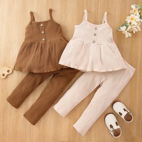 2-piece Toddler Girl Button Design Ribbed Tank Top and Solid Color Elasticized Pants Set