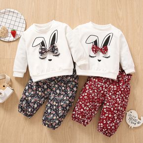 Conjunto de 2 peças de moletom de manga comprida com estampa de coelho de desenho animado para bebê e calças com estampa floral