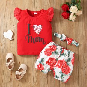 Mother's Day 3pcs Baby Girl 95% Cotton Flutter-sleeve Letter Love Heart Print Top and Floral Print Shorts with Headband Set