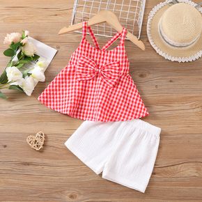 2pcs Toddler Girl 100% Cotton Bowknot Design Plaid Camisole and White Shorts Set