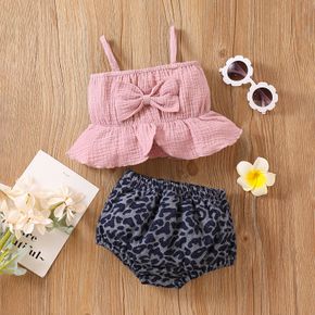 100% Cotton 2pcs Baby Girl Crepe Spaghetti Strap Bowknot Ruffle Crop Top and Leopard Shorts Set
