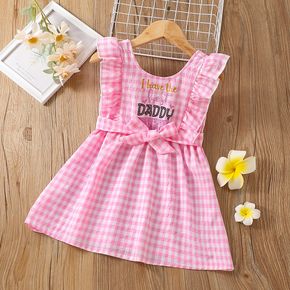 Father's Day Toddler Girl Letter Print Plaid Ruffled Sleeveless Belted Pink Dress