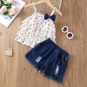 2pcs Toddler Girl Bowknot Design Floral Print Layered Camisole and Ripped Denim Shorts Set