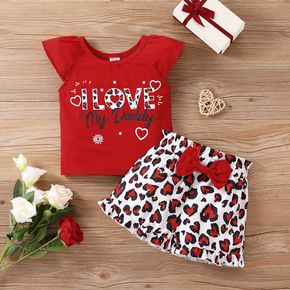 2pcs Toddler Girl Letter Print Flutter-sleeve Red Tee and Bowknot Design Leopard Print Shorts Set