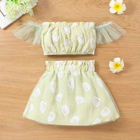 2pcs Toddler Girl 100% Cotton Off Shoulder Seashell Print Mesh Design Tube Top and Green Skirt Set