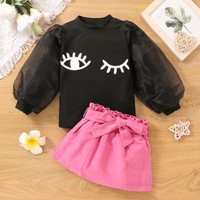 2pcs Toddler Girl Eye Print Mesh Design Long Puff-sleeve Black Tee and Belted Pink Skirt Set