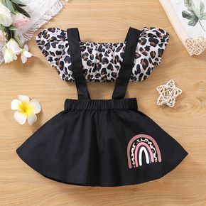 2pcs Toddler Girl Leopard Print Off Shoulder Short-sleeve Tee and Rainbow Print Suspender Skirt Set