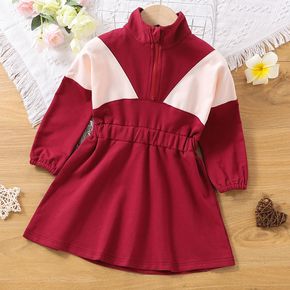Toddler Girl Colorblock Stand Collar Zipper Design Waist Long-sleeve Dress