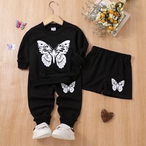 3pcs Toddler Girl Butterfly Print Black Sweatshirt & Shorts and Pants Set
