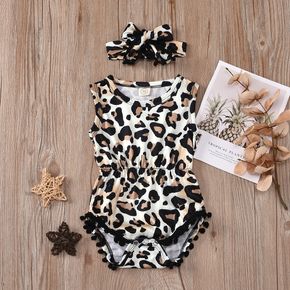 2pcs Leopard Print Pompon Decor Sleeveless Baby Set