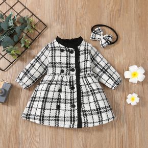 2pcs Frilly Plaid Long-sleeve Double Breasted Baby Long-sleeve Dress Set