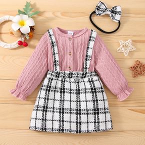 2pcs Baby Girl Long-sleeve Knitted Splicing Tweed Dress Set