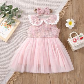 2pcs Baby Girl Ruffle Peter Pan Collar Pink Tweed Mesh Sleeveless Dress with Headband Set