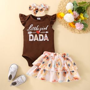 3pcs Baby Girl Letter Embroidered Flutter-sleeve Romper and Floral Print Layered Skirt with Headband Set