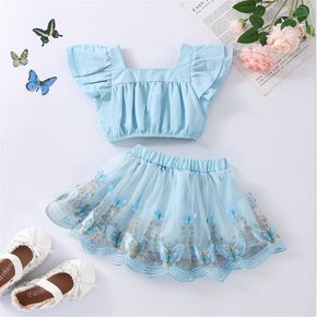 2pcs Baby Girl Blue Square Neck Flutter-sleeve Pleated Crop Top and 3D Butterfly Appliques Mesh Skirt Set