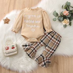 2pcs Baby Girl Letter Embroidered Rib Knit Frill Mock Neck Long-sleeve Romper and Plaid Flared Pants Set