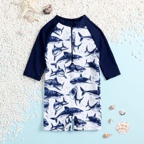 Toddler Boy Colorblock Shark Print Zipper Long-sleeve One-piece Swimsuit