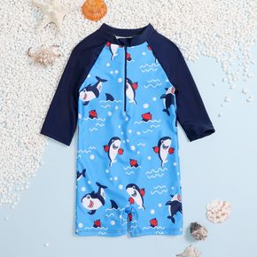 Toddler Boy Shark Print Colorblock Zipper One-piece Swimsuit