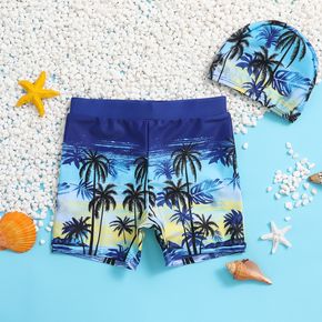2pcs Toddler Boy Vacation Floral Tree Print Swim Shorts and Cap Set