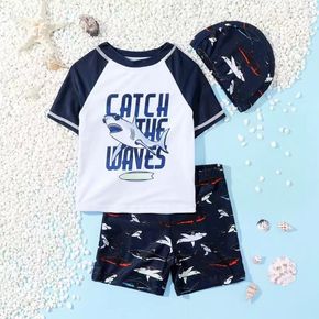2pcs Toddler Boy Playful Letter Shark Print Tee & Shorts and Cap Swimsuit Set