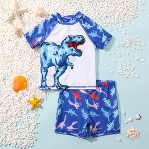 2pcs Toddler Boy Playful Dinosaur Print Tee and Short-sleeve Swimsuit Set