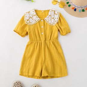 Toddler Girl 100% Cotton Lace Doll Collar Button Design Short-sleeve Yellow Romper