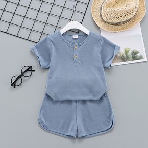2-piece Toddler Girl/Boy 100% Cotton Waffle Button Design Short-sleeve Solid Top and Shorts Set