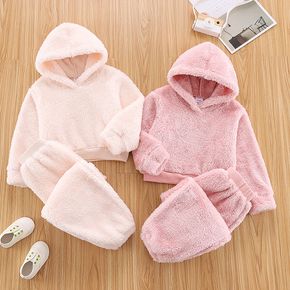 2-piece Toddler Girl Solid Fuzzy Fleece Hoodie and Pants Set