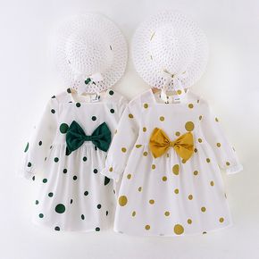 2-piece Toddler Girl 100% Cotton Polka dots Bowknot Design Square Neck Long-sleeve Dress and Straw Hat Set