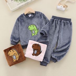 2-piece Toddler Girl/Boy Dinosaur Print Fuzzy Pullover and Solid Pants Set