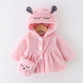 2pcs Baby Cartoon Rabbit 3D Ears Pink Fleece Long-sleeve Hooded Coat with Shoulder Bag Set