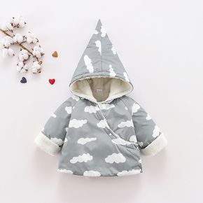 Baby All Over Cloud Print Grey Long-sleeve Hooded Thickened Fleece Lined Outwear