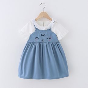 Toddler Girl 100% Cotton Faux-two Cat Embroidered Ruffled Short-sleeve Denim Dress
