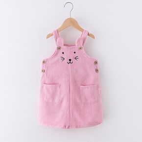 Toddler Girl Cat Kitty Embroidered Ear Design Pink Corduroy Overall Dress