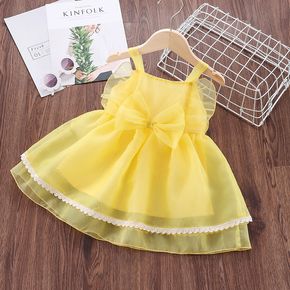 Baby Girl Yellow Organza Ruffle Bowknot Sleeveless Spaghetti Strap Princess Dress