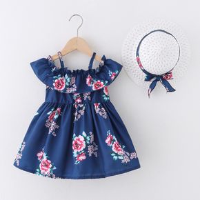 2 قطع طفلة الأزهار طباعة الأزرق بلا أكمام السباغيتي فستان كشكش مع قبعة مجموعة