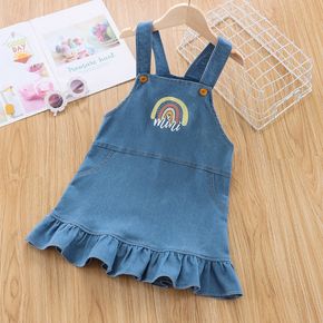 Toddler Girl Rainbow Print Ruffled Denim Overall Dress