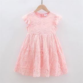 Toddler Girl Floral Lace Design Flutter-sleeve Pink Mesh Party Dress