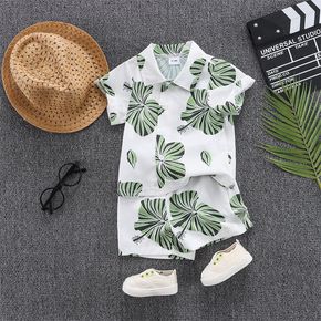 3pcs Baby Boy All Over Lotus Leaf Print Short-sleeve Button Up Shirt and Shorts with Straw Hat Set