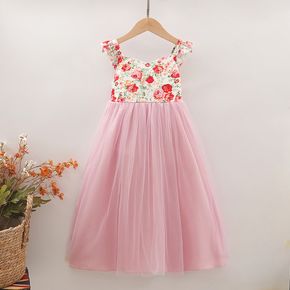 Toddler Girl Floral Print Mesh Splice Party Strap Dress