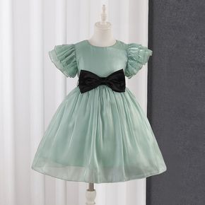 Toddler Girl Bowknot Design Ruffle-sleeve Mesh Design Princess Green Party Dress