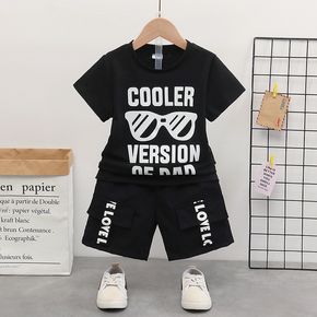2pcs Toddler Boy Casual Letter Print Black Tee and Cargo Shorts Set