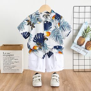 2pcs Toddler Boy Vacation Boho Floral Print Lapel Collar Shirt and Pocket Design Shorts Set