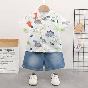 2pcs Toddler Boy Playful Denim Shorts and Dinosaur Print Lapel Collar Shirt Set