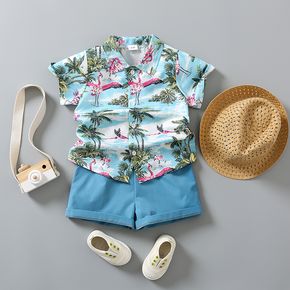 3pcs Toddler Boy Vacation Straw Hat & Flamingo Tree Print Shirt and Shorts Set