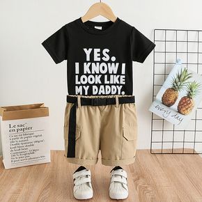 Father's Day 2pcs Toddler Boy Casual Letter Print Tee and Belted Cargo Shrots Set