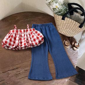 2pcs Toddler Girl Red Plaid Camisole and Flared Denim Jeans Set